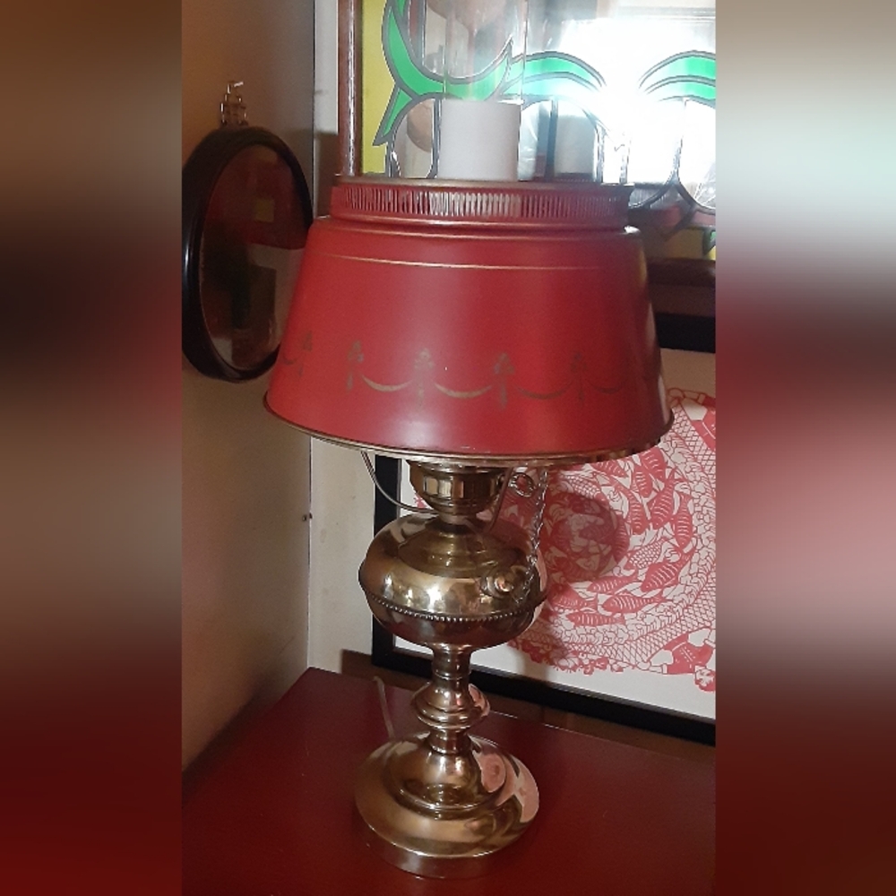 c1940 Brass RAYO OIL Lamp/Electric w/Red Toleware Shade +Frosted Chimney 19"